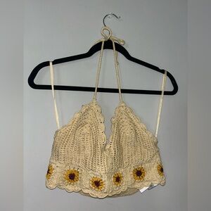 Crochet Halter Top - Cream with Sunflower Accents
